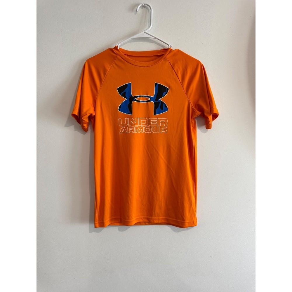 Under Armour HeatGear Graphic Tee Youth XL Orange Blue Camo Logo boys